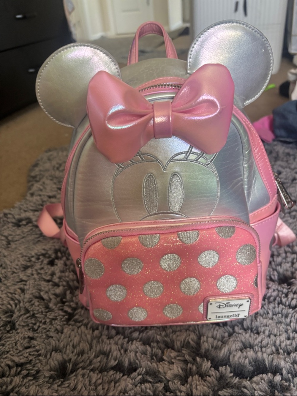 Disney Pink and Silver Minnie Mouse Mini Backpack with Bow